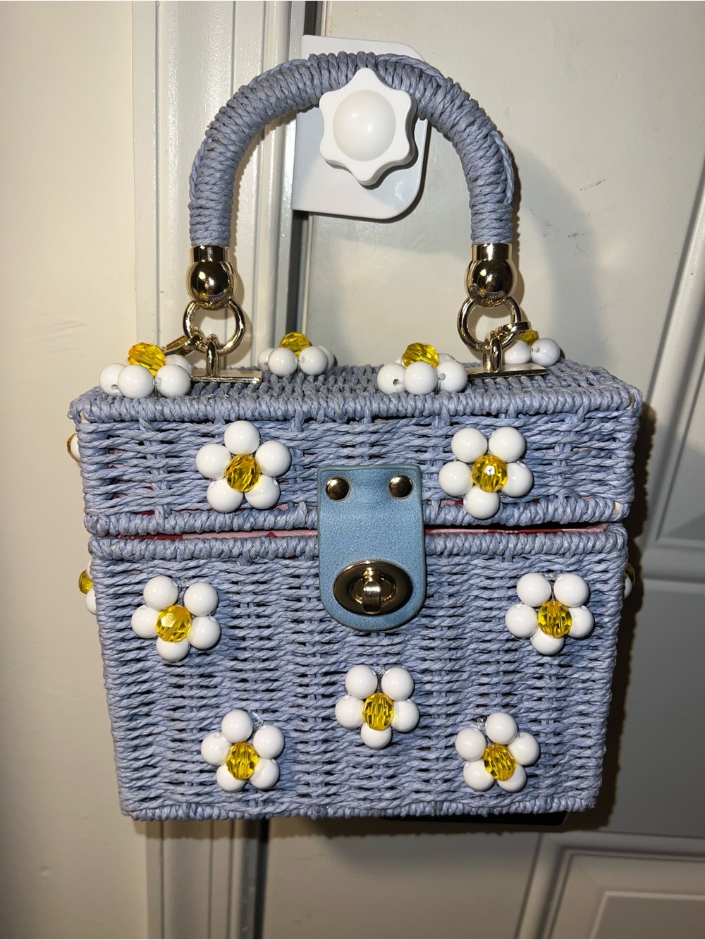 Source Unknown Light Blue Daisy-Appliqué Top-Handle Bag